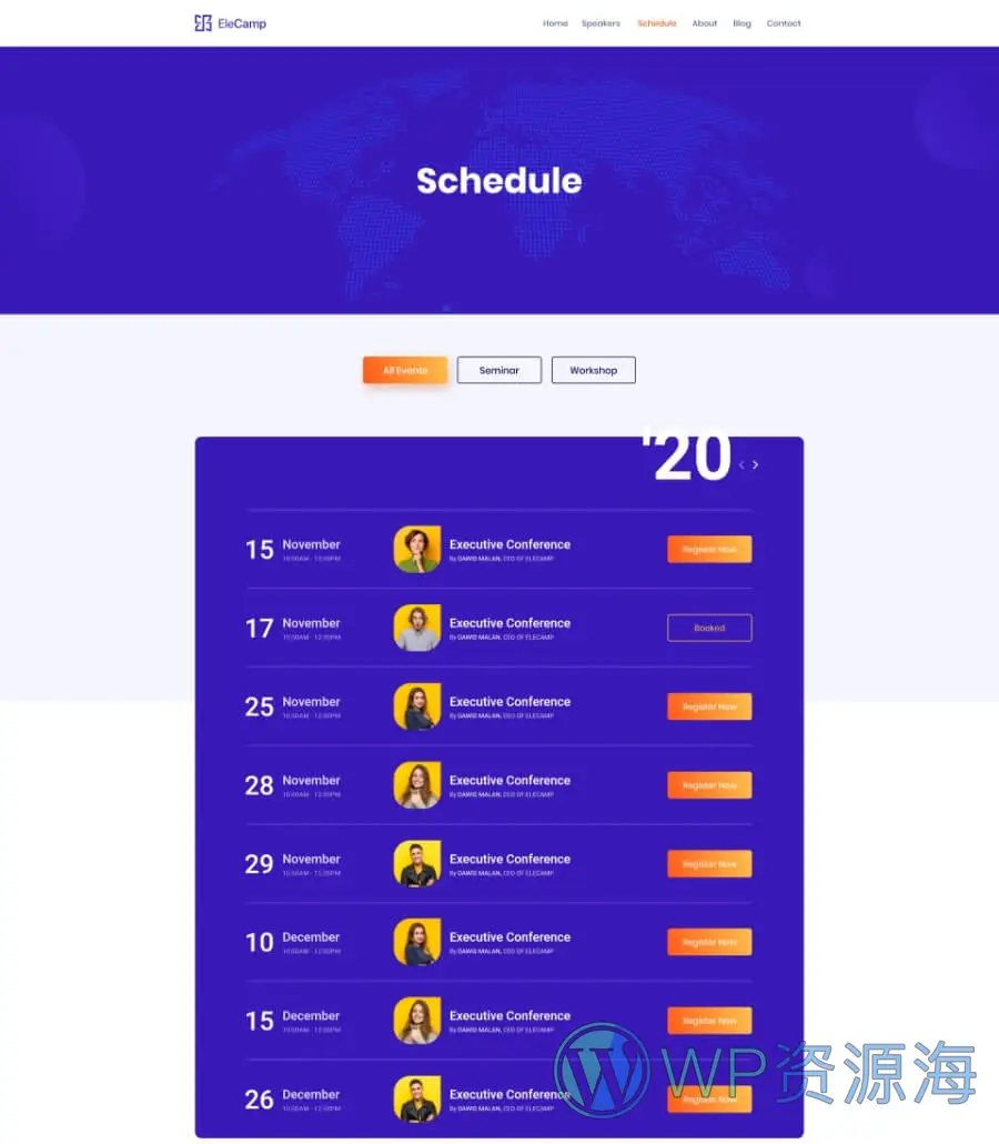 虚拟会议Elementor网站模板_一键导入快速建站插图6-WP资源海 EleCamp Schedule Page