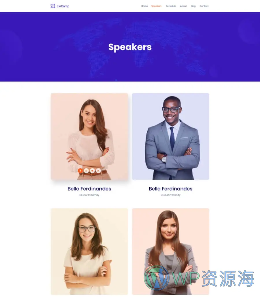 虚拟会议Elementor网站模板_一键导入快速建站插图7-WP资源海 EleCamp Speakers Page
