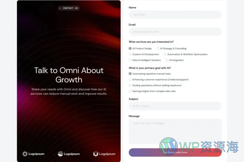 AI科技公司Elementor网站模板_一键导入快速建站插图7-WP资源海 AI Elementor 模板联系表单预览