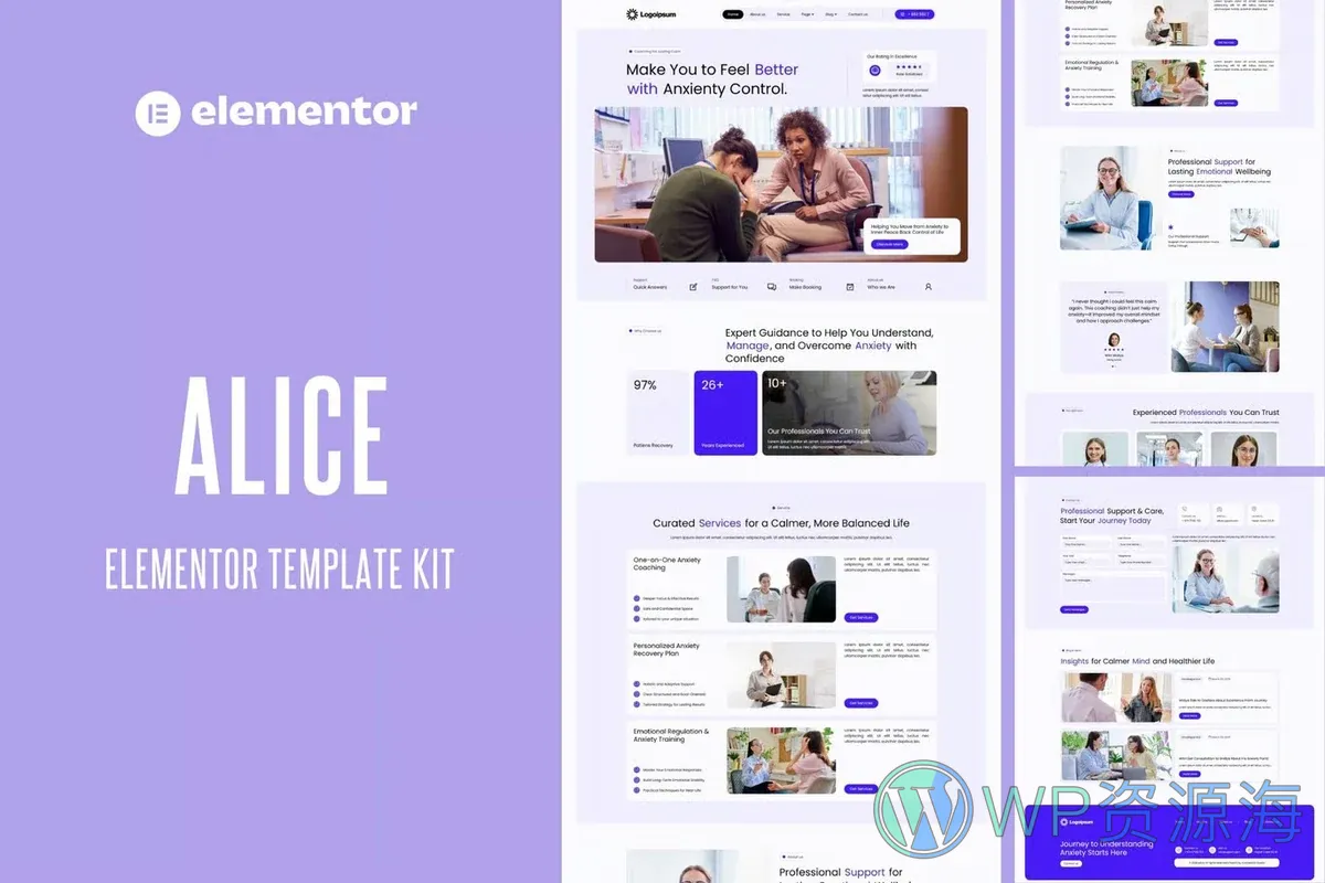 焦虑生活教练Elementor网站模板_一键导入快速建站插图-WP资源海 服务/咨询 Elementor 网站模板封面
