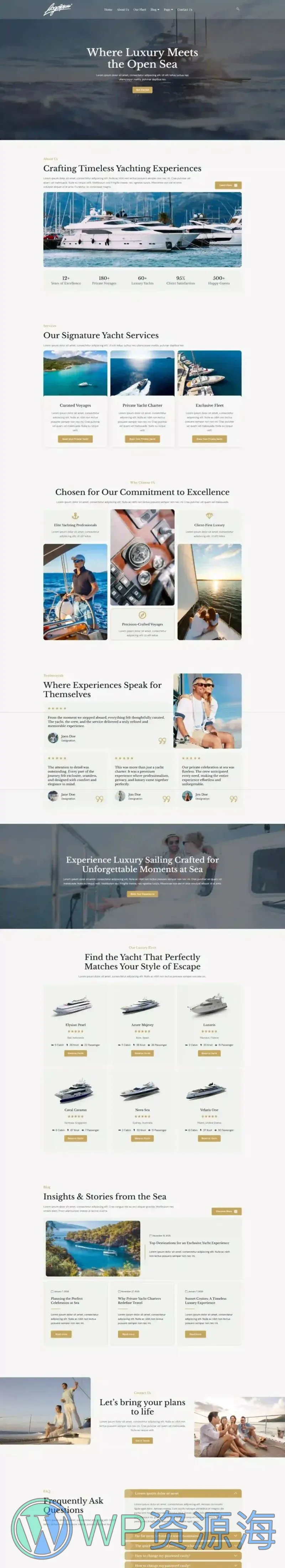 游艇俱乐部租赁Elementor网站模板_一键导入快速建站插图1-WP资源海 户外/旅行 Elementor 模板首页预览