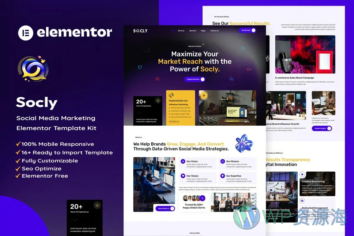 社交媒体营销Elementor网站模板_一键导入快速建站插图-WP资源海 广告/营销 Elementor 网站模板封面