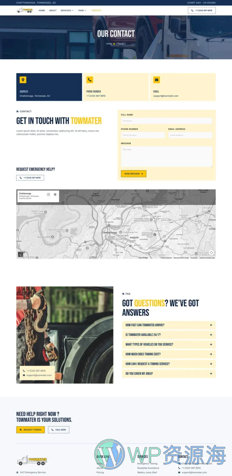 道路救援拖车服务Elementor网站模板_一键导入快速建站插图2-WP资源海 交通工具 Elementor 模板联系页面预览