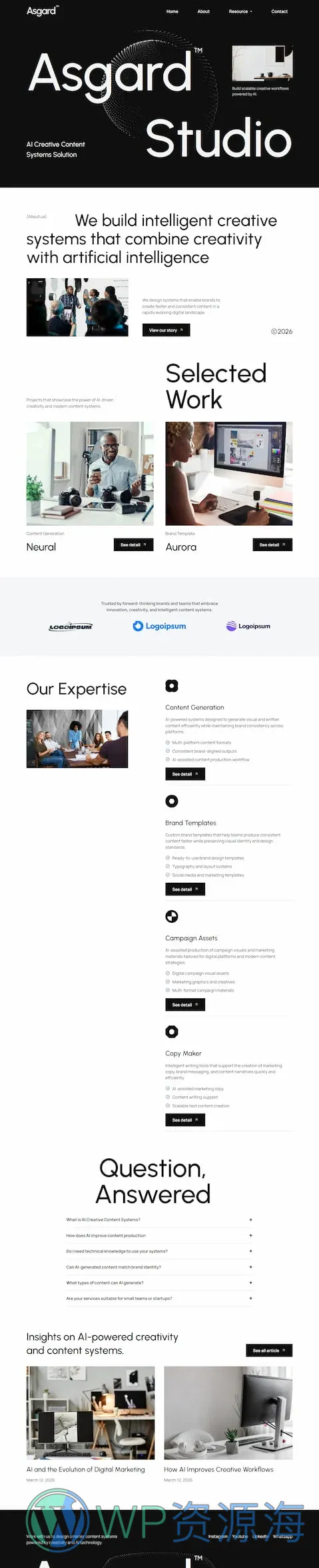 AI创意内容机构Elementor网站模板_一键导入快速建站插图1-WP资源海 AI Elementor 模板首页预览