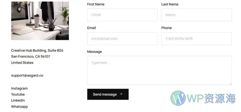 AI创意内容机构Elementor网站模板_一键导入快速建站插图2-WP资源海 AI Elementor 模板联系表单预览