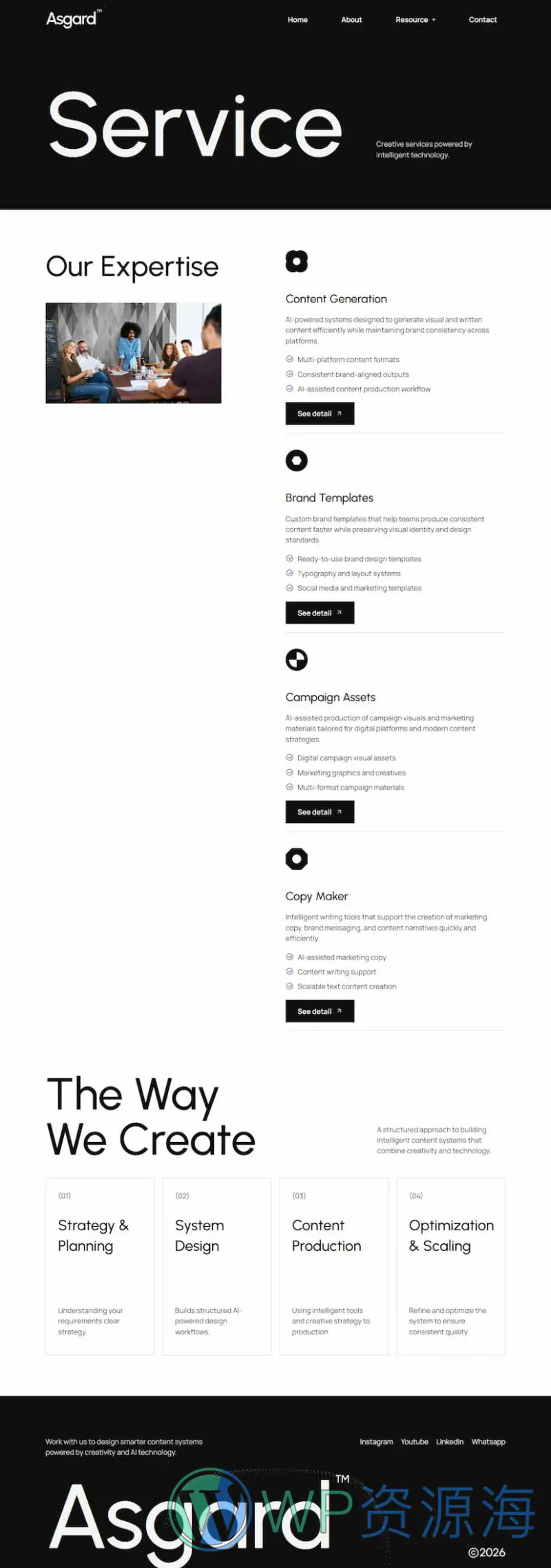 AI创意内容机构Elementor网站模板_一键导入快速建站插图4-WP资源海 AI Elementor 模板服务页面预览