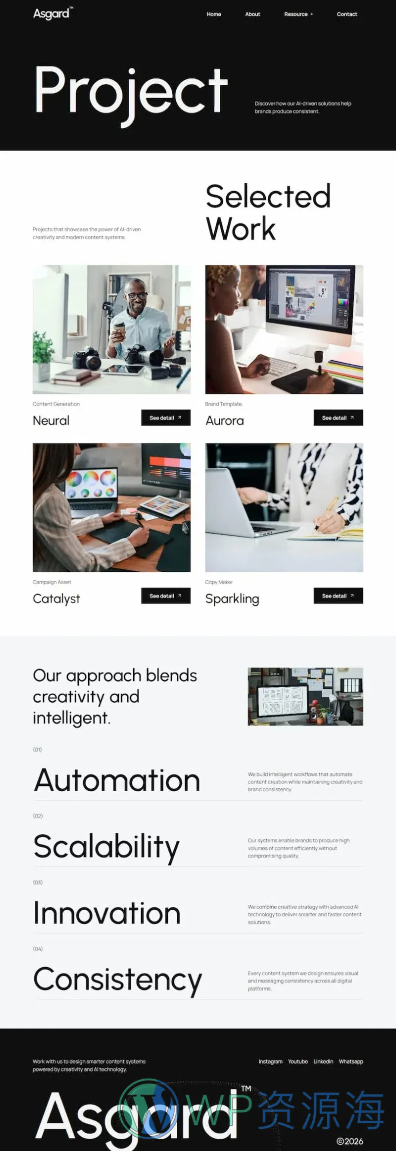 AI创意内容机构Elementor网站模板_一键导入快速建站插图7-WP资源海 AI Elementor 模板项目案例预览