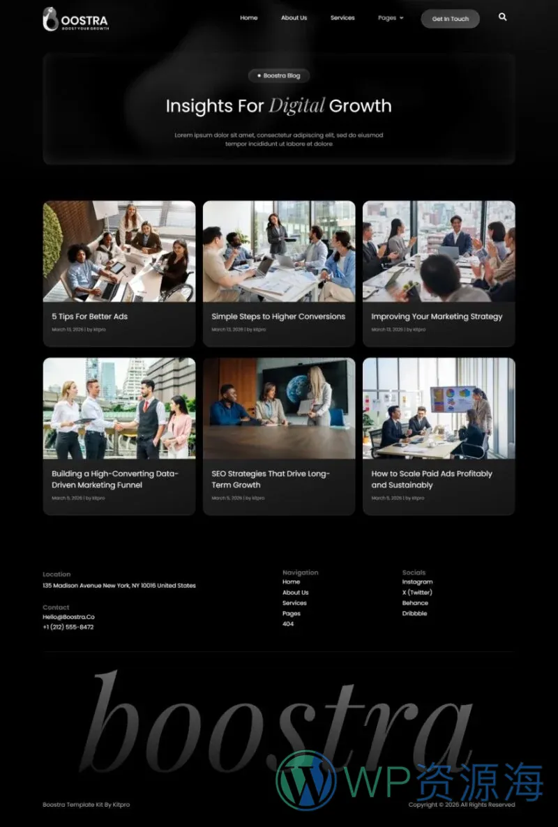 数字营销机构Elementor网站模板_一键导入快速建站插图3-WP资源海 广告/营销 Elementor 模板博客页面预览