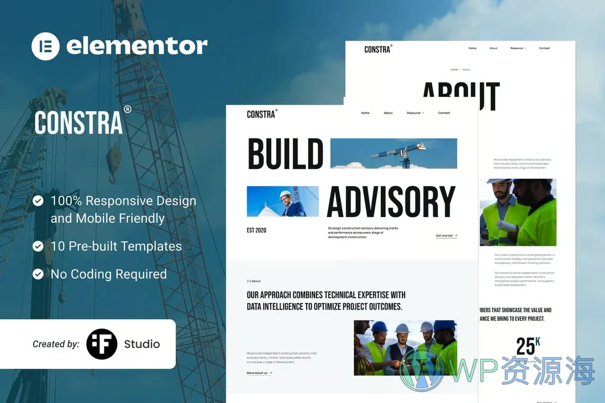 绿色建筑咨询Elementor网站模板_一键导入快速建站插图-WP资源海 建筑/地产 Elementor 网站模板封面