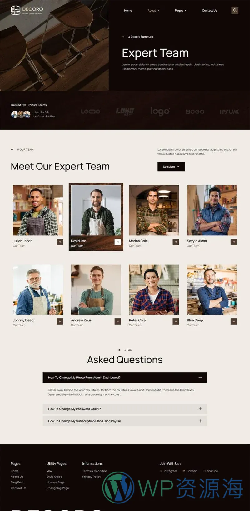 家居用品 Elementor 模板团队页面预览
