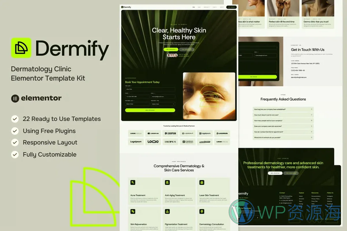 皮肤科诊所Elementor网站模板_一键导入快速建站插图-WP资源海 健康/医药 Elementor 网站模板封面