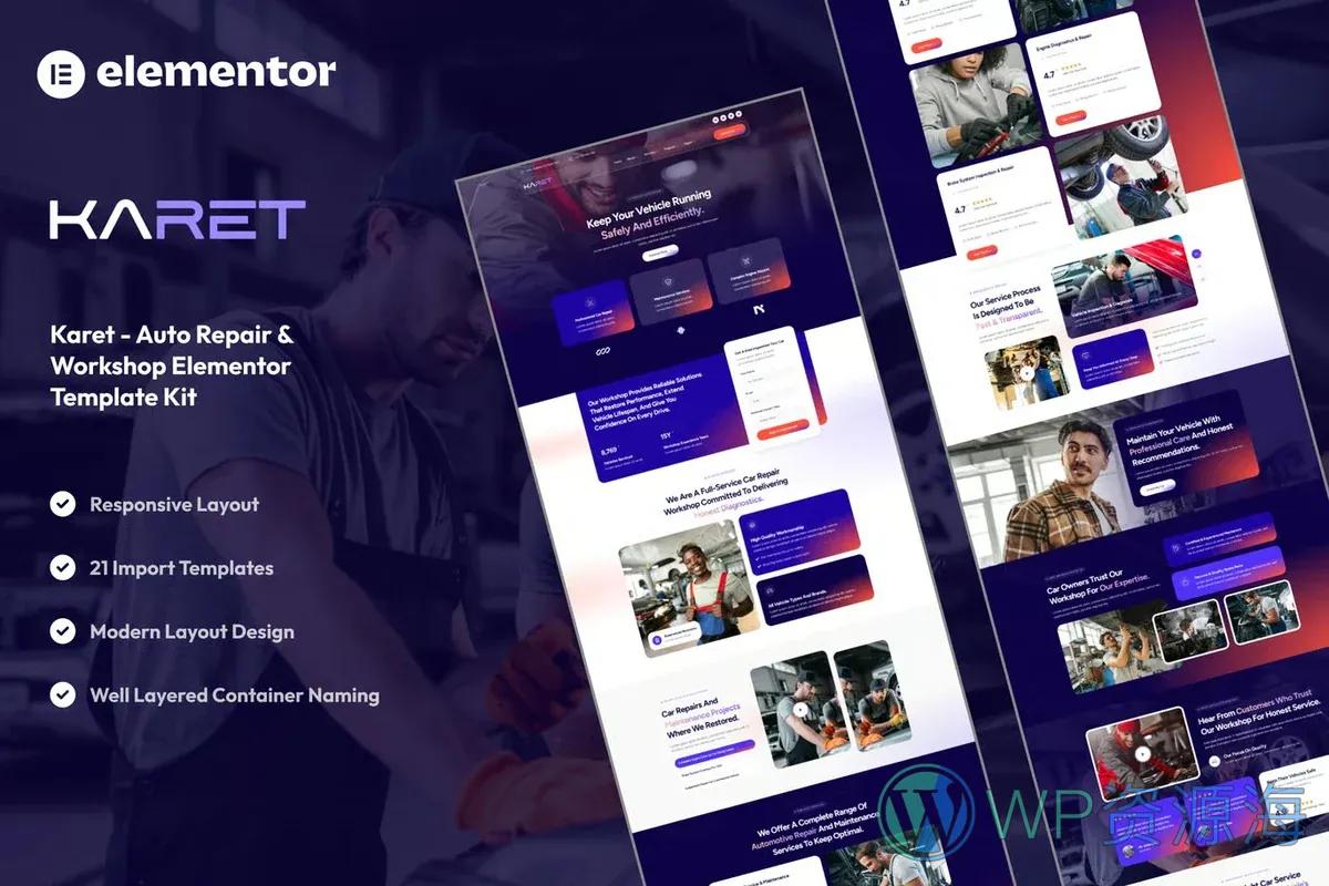 汽车维修工坊Elementor网站模板_一键导入快速建站插图-WP资源海 维修 Elementor 网站模板封面