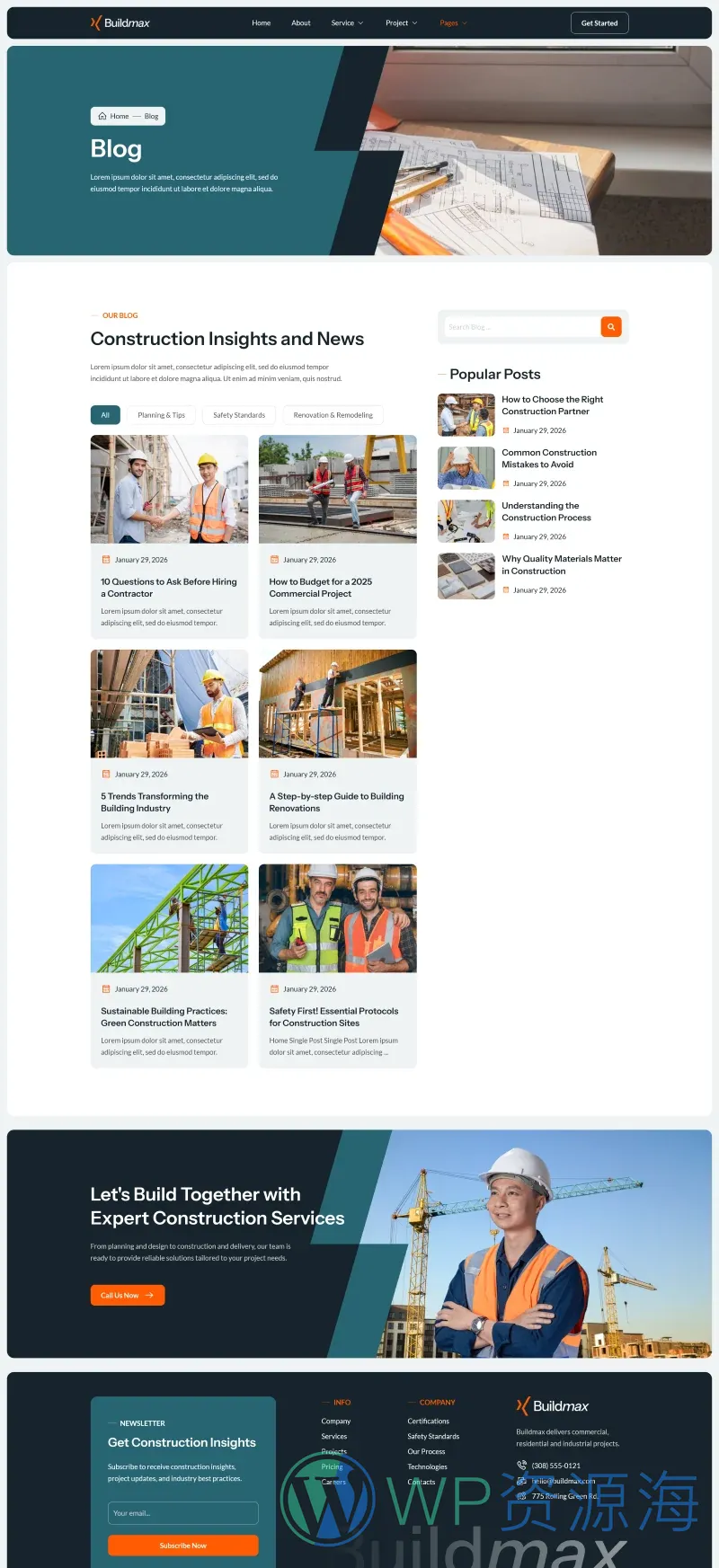 建筑施工承包Elementor网站模板_一键导入快速建站插图5-WP资源海 建筑/地产 Elementor 模板博客页面预览