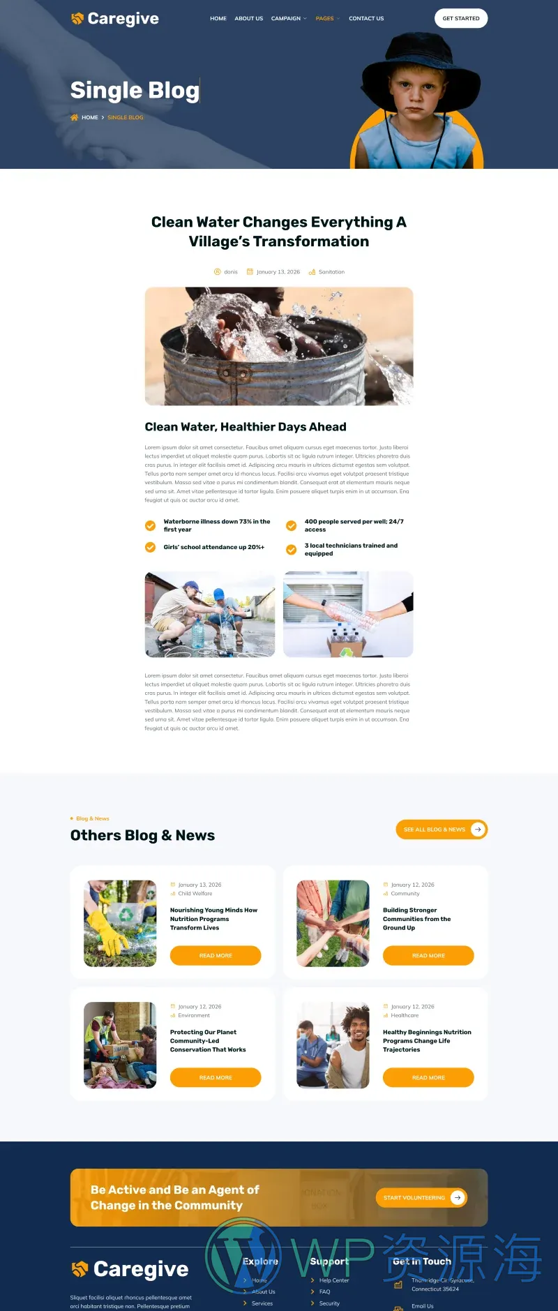 公益慈善捐赠Elementor网站模板_一键导入快速建站插图2-WP资源海 组织/机构 Elementor 模板博客页面预览