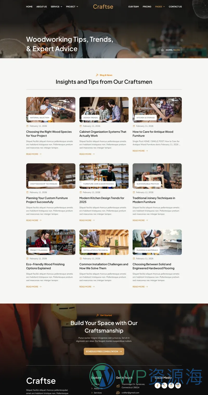 木工装修工匠Elementor网站模板_一键导入快速建站插图2-WP资源海 装修 Elementor 模板博客页面预览