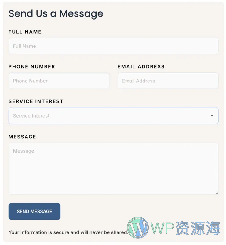 金融/投资 Elementor 模板联系表单预览