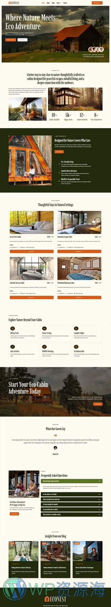 生态小屋度假Elementor网站模板_一键导入快速建站插图1-WP资源海 户外/旅行 Elementor 模板首页预览