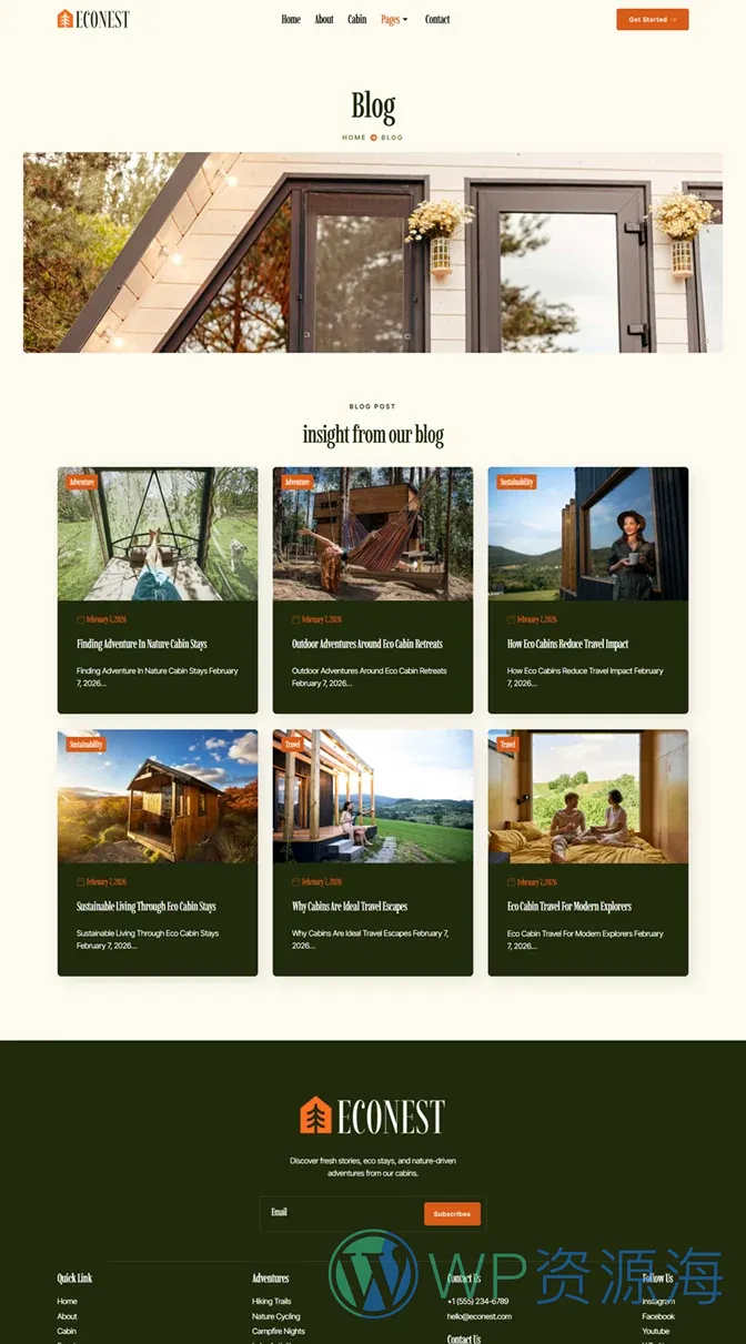生态小屋度假Elementor网站模板_一键导入快速建站插图3-WP资源海 户外/旅行 Elementor 模板博客页面预览