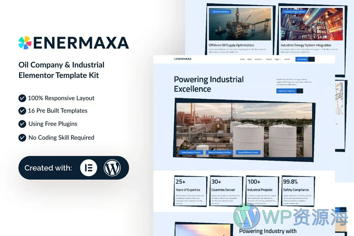 石油工业企业Elementor网站模板_一键导入快速建站插图-WP资源海 工业/工厂 Elementor 网站模板封面
