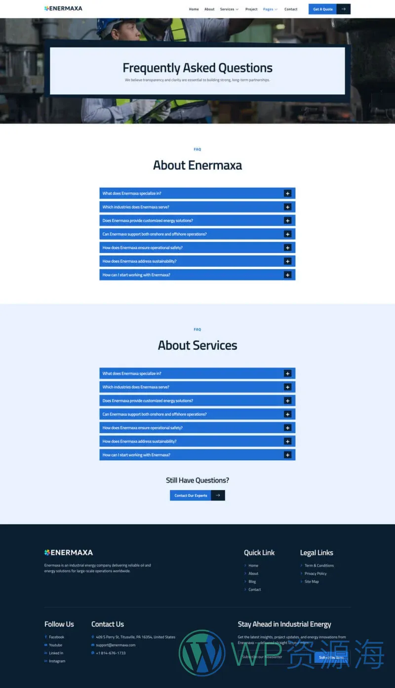 工业/工厂 Elementor 模板常见问题预览
