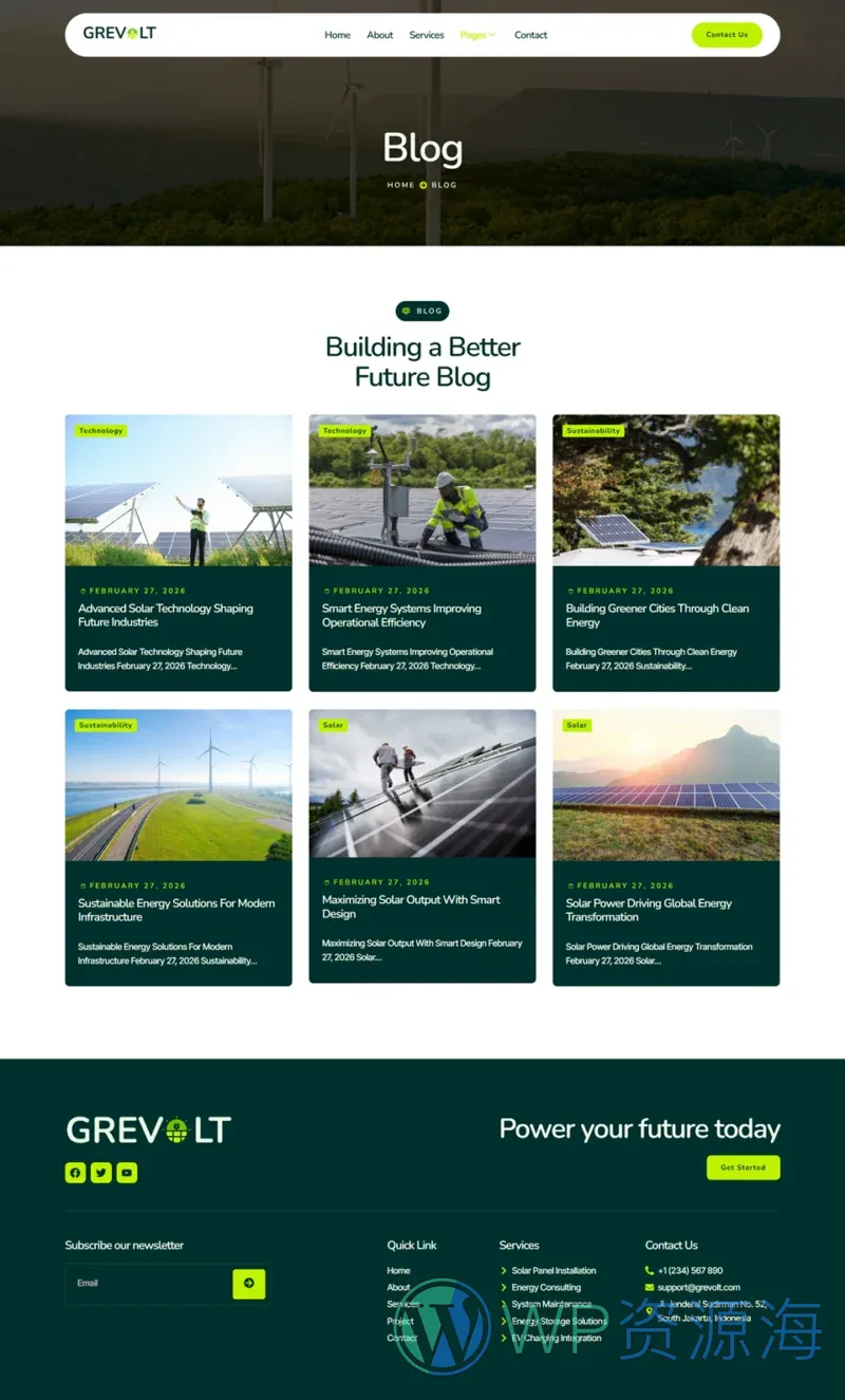太阳能与绿色能源Elementor网站模板_一键导入快速建站插图3-WP资源海 工业/工厂 Elementor 模板博客页面预览
