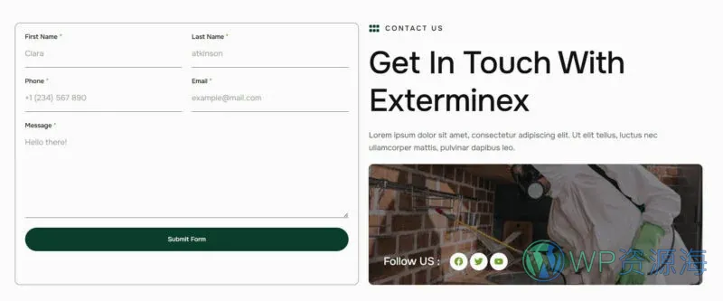 虫害防治服务Elementor网站模板_一键导入快速建站插图7-WP资源海 家政 Elementor 模板联系表单预览
