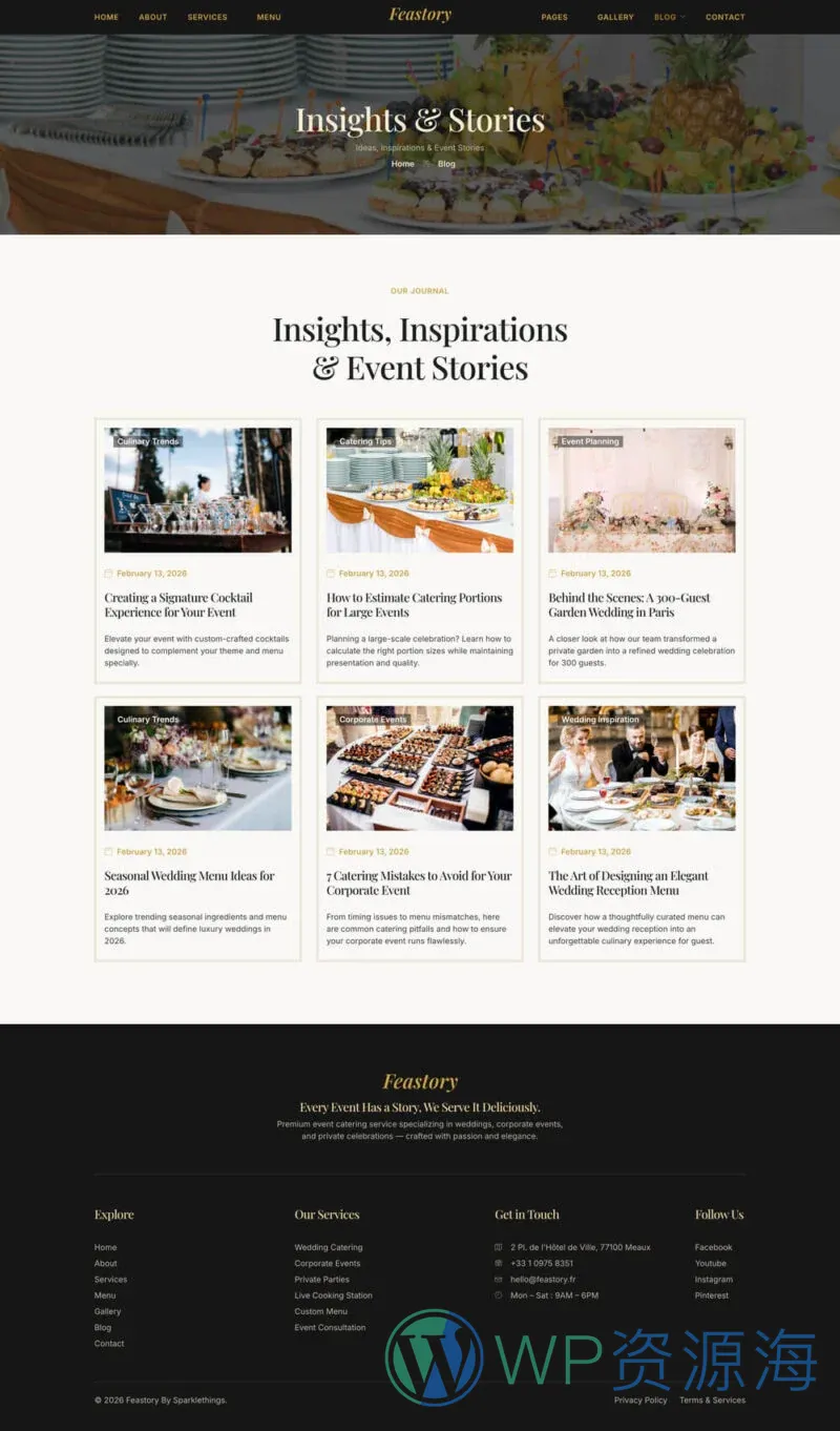活动餐饮服务Elementor网站模板_一键导入快速建站插图3-WP资源海 餐饮/食品 Elementor 模板博客页面预览