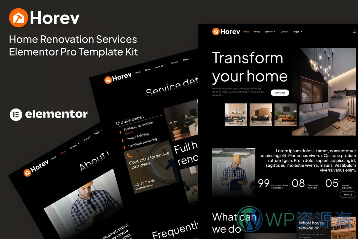家装翻新服务Elementor网站模板_一键导入快速建站插图-WP资源海 装修 Elementor 网站模板封面