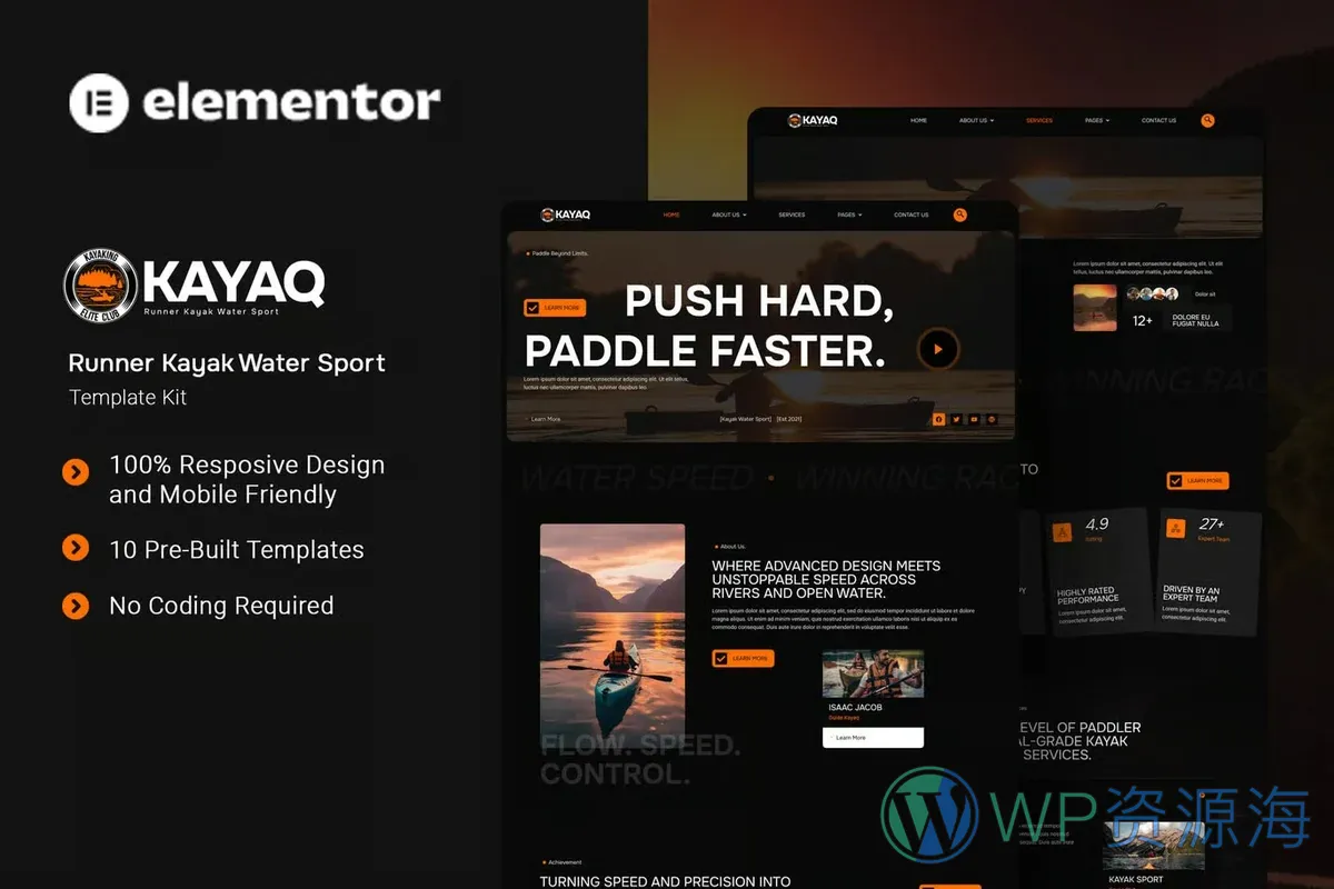 皮划艇水上运动Elementor网站模板_一键导入快速建站插图-WP资源海 运动/健身 Elementor 网站模板封面