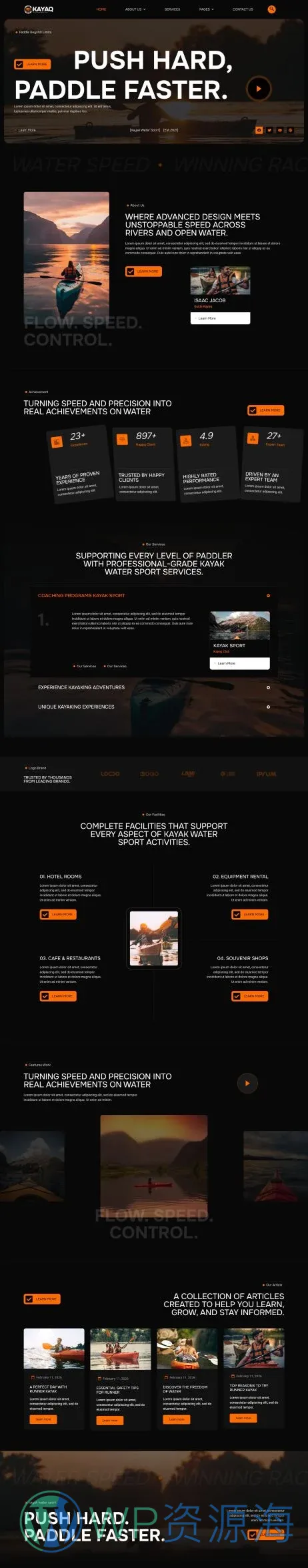 皮划艇水上运动Elementor网站模板_一键导入快速建站插图1-WP资源海 运动/健身 Elementor 模板首页预览