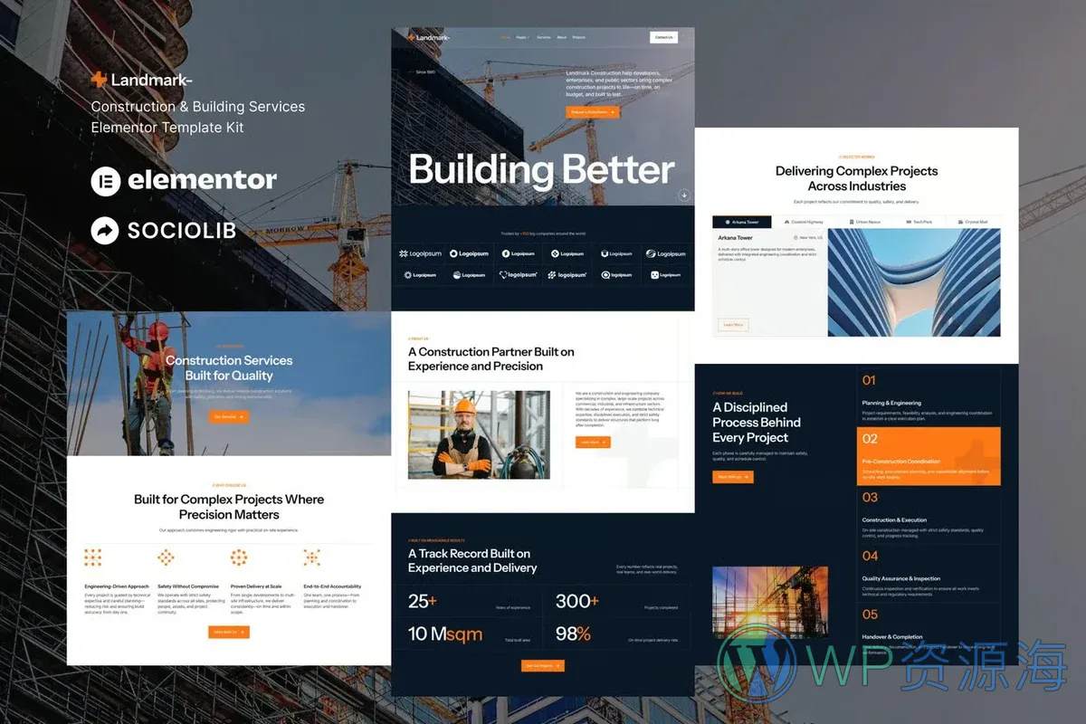 建筑施工服务Elementor网站模板_一键导入快速建站插图-WP资源海 建筑/地产 Elementor 网站模板封面