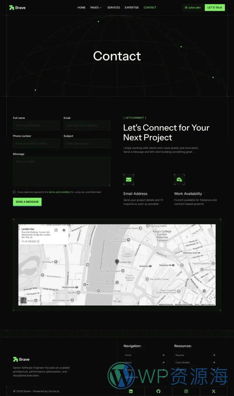 网页开发者作品集Elementor网站模板_一键导入快速建站插图4-WP资源海 软件/开发 Elementor 模板联系页面预览