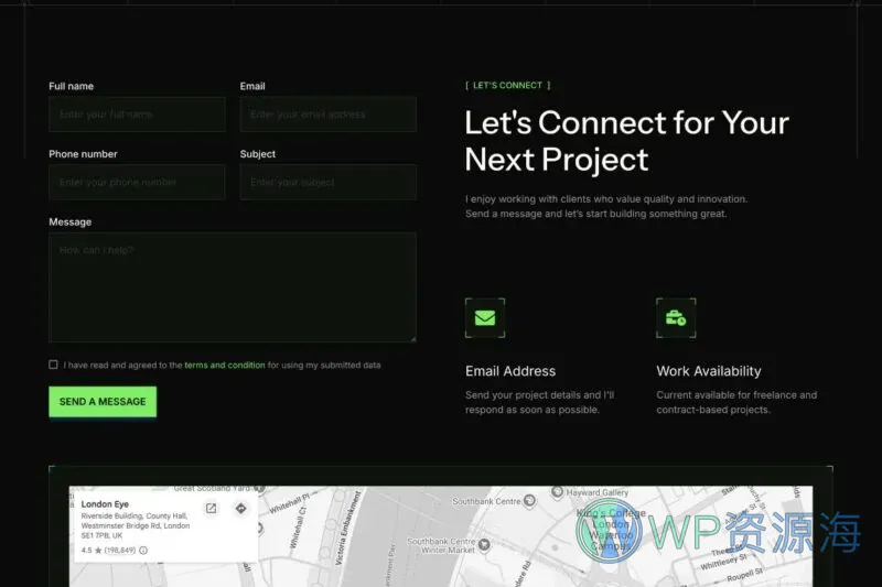 网页开发者作品集Elementor网站模板_一键导入快速建站插图7-WP资源海 软件/开发 Elementor 模板联系表单预览