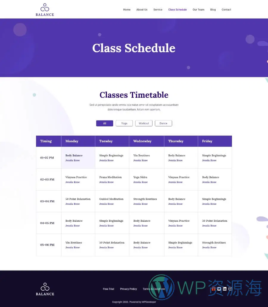 健康与养生Elementor网站模板_一键导入快速建站插图7-WP资源海 Balance Class Schedule Page