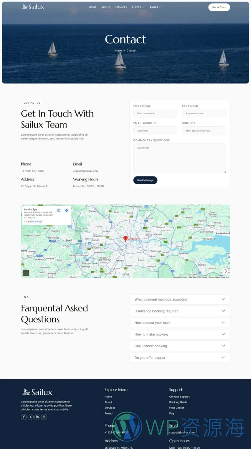 游艇租赁与俱乐部Elementor网站模板_一键导入快速建站插图4-WP资源海 户外/旅行 Elementor 模板联系页面预览