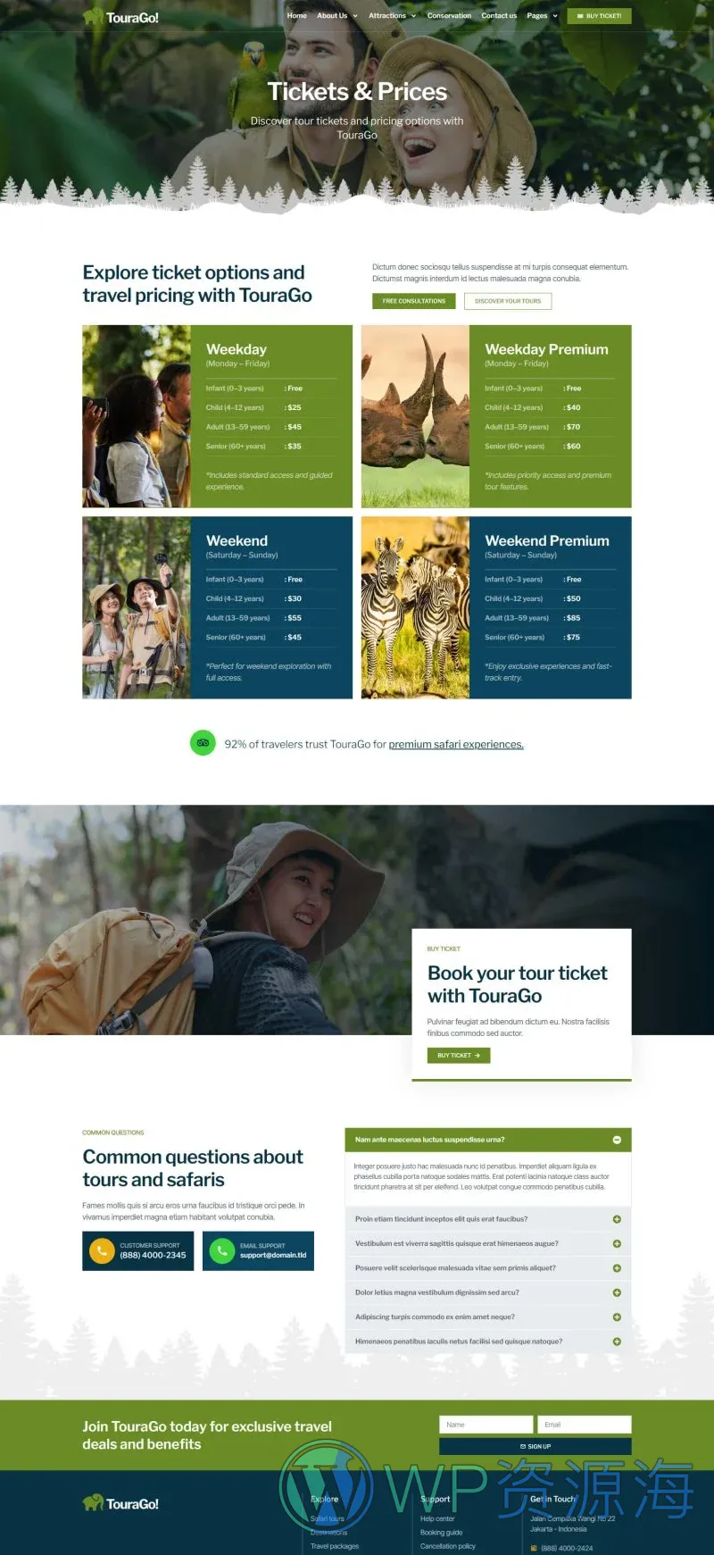 野生动物园与动物场馆Elementor网站模板_一键导入快速建站插图7-WP资源海 场馆 Elementor 模板价格页面预览