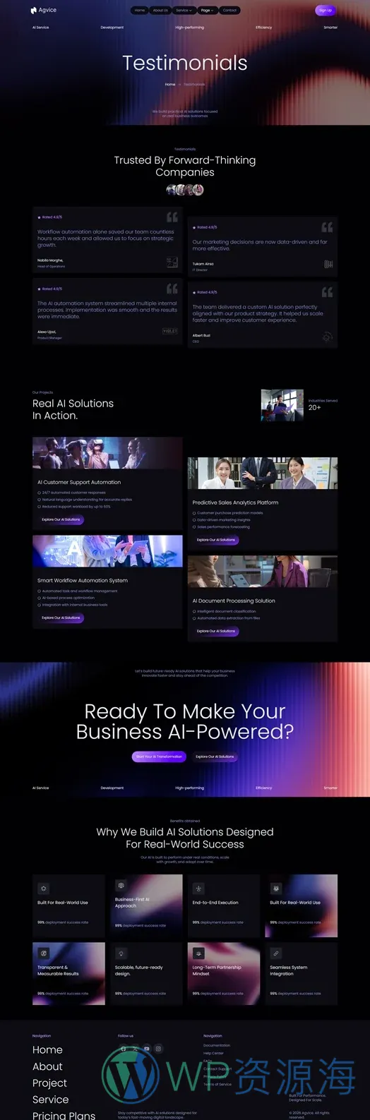 AI代理服务机构Elementor网站模板_一键导入快速建站插图4-WP资源海 AI Elementor 模板客户评价预览