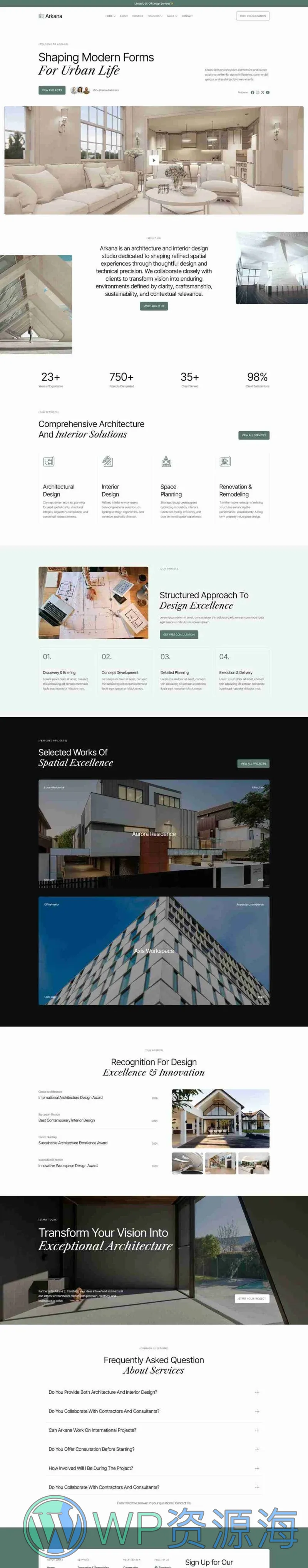 建筑室内设计Elementor网站模板_一键导入快速建站插图2-WP资源海 建筑/地产 Elementor 模板首页预览