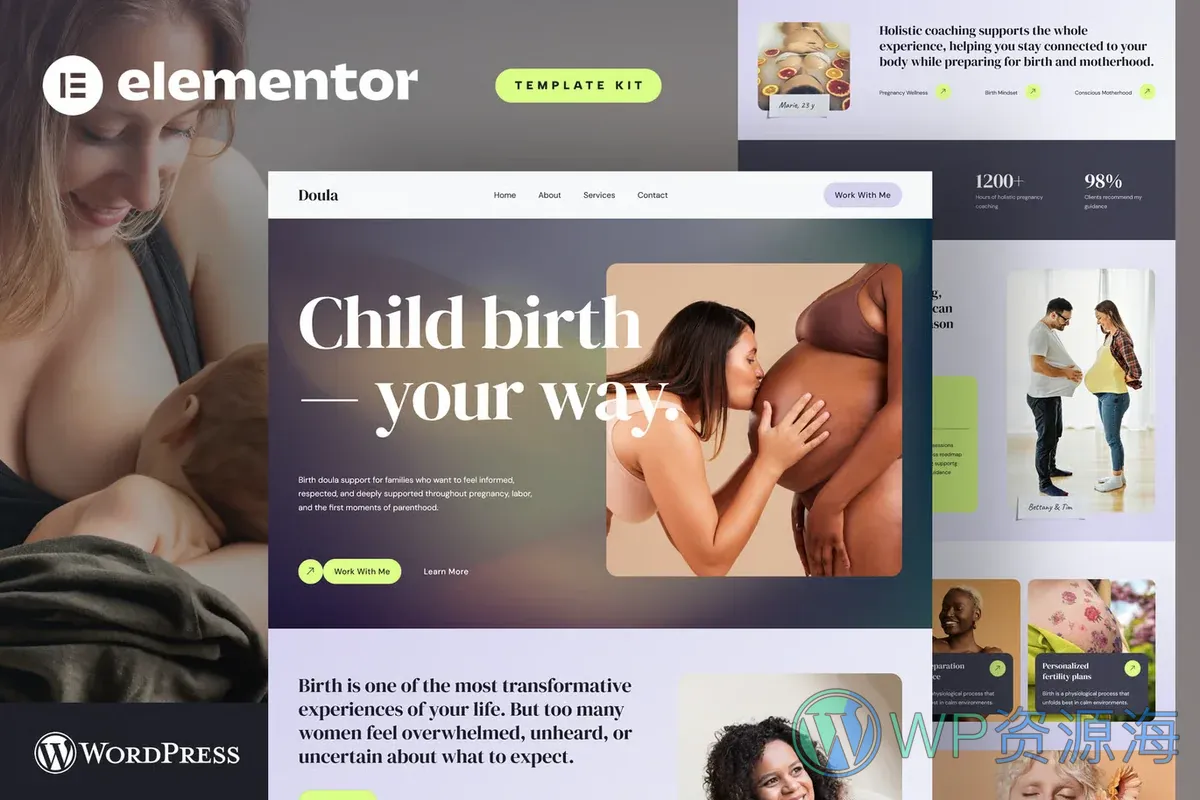 孕产陪护与产后照护Elementor网站模板_一键导入快速建站插图-WP资源海 健康/医药 Elementor 网站模板封面
