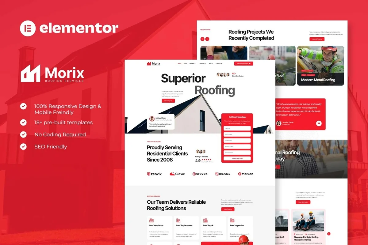屋顶维修服务Elementor网站模板_一键导入快速建站