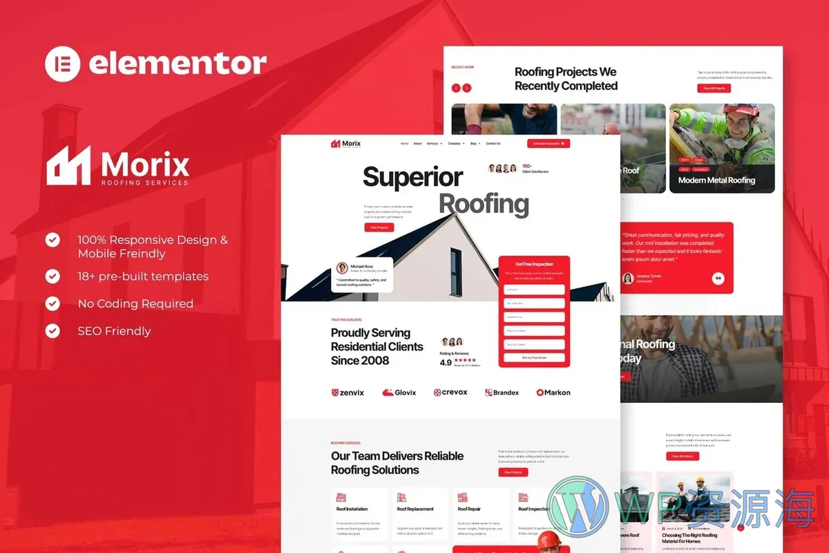 屋顶维修服务Elementor网站模板_一键导入快速建站插图-WP资源海 维修 Elementor 网站模板封面