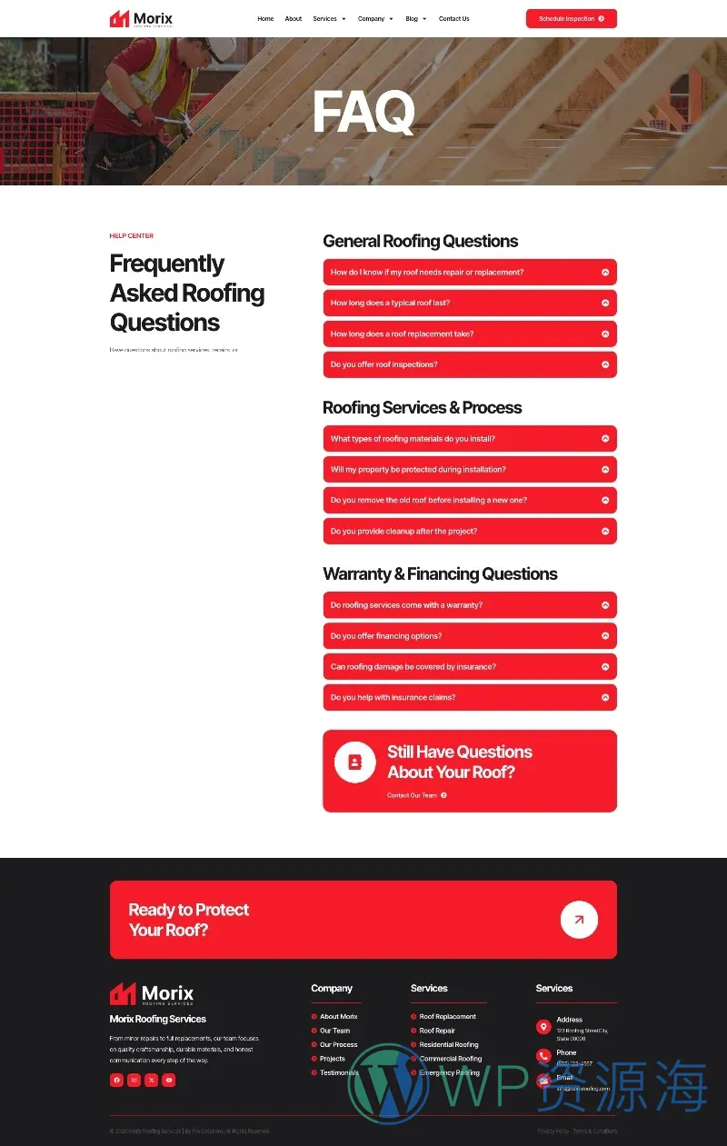 屋顶维修服务Elementor网站模板_一键导入快速建站插图3-WP资源海 维修 Elementor 模板常见问题预览