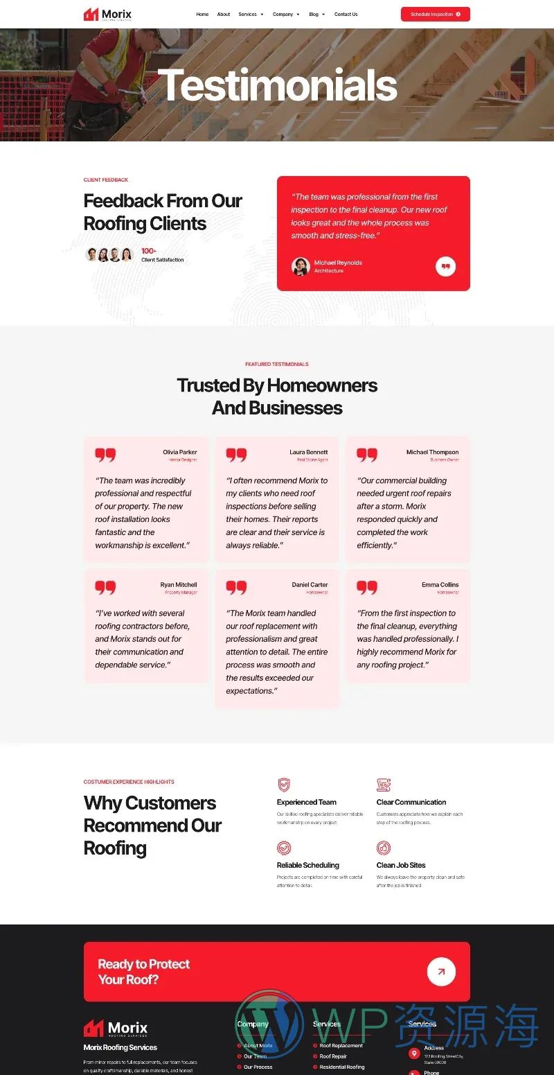 屋顶维修服务Elementor网站模板_一键导入快速建站插图5-WP资源海 维修 Elementor 模板客户评价预览