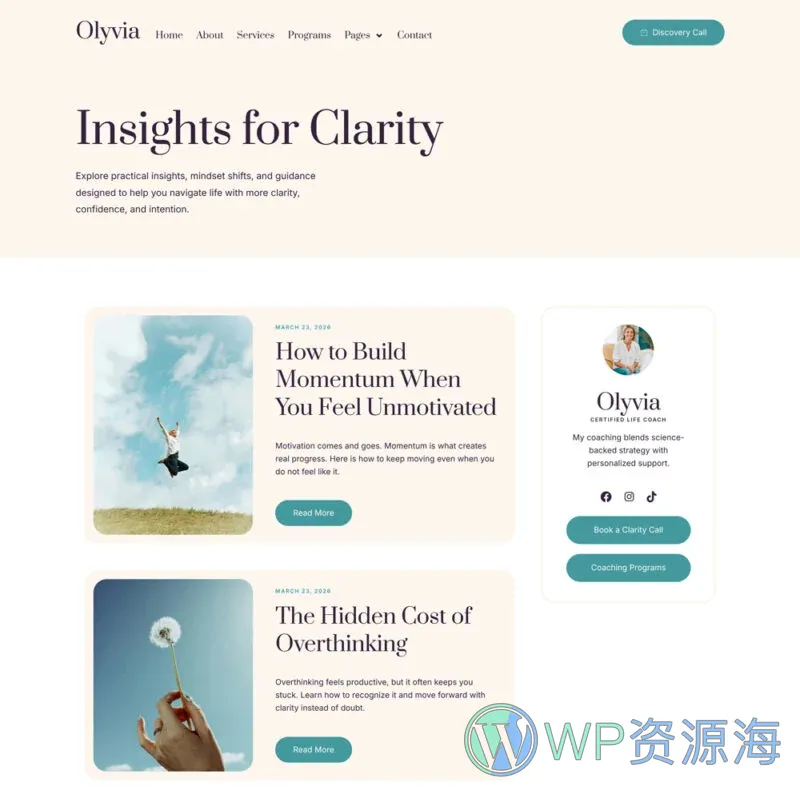 人生教练与个人成长Elementor网站模板_一键导入快速建站插图3-WP资源海 服务/咨询 Elementor 模板博客页面预览