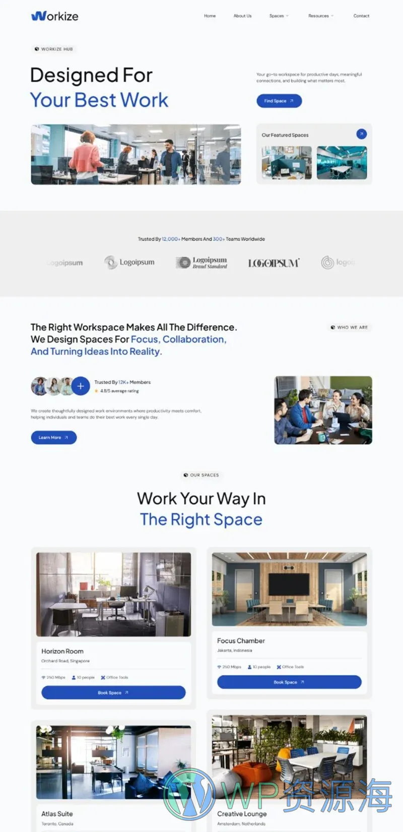 共享办公空间Elementor网站模板_一键导入快速建站插图1-WP资源海 场馆 Elementor 模板首页预览