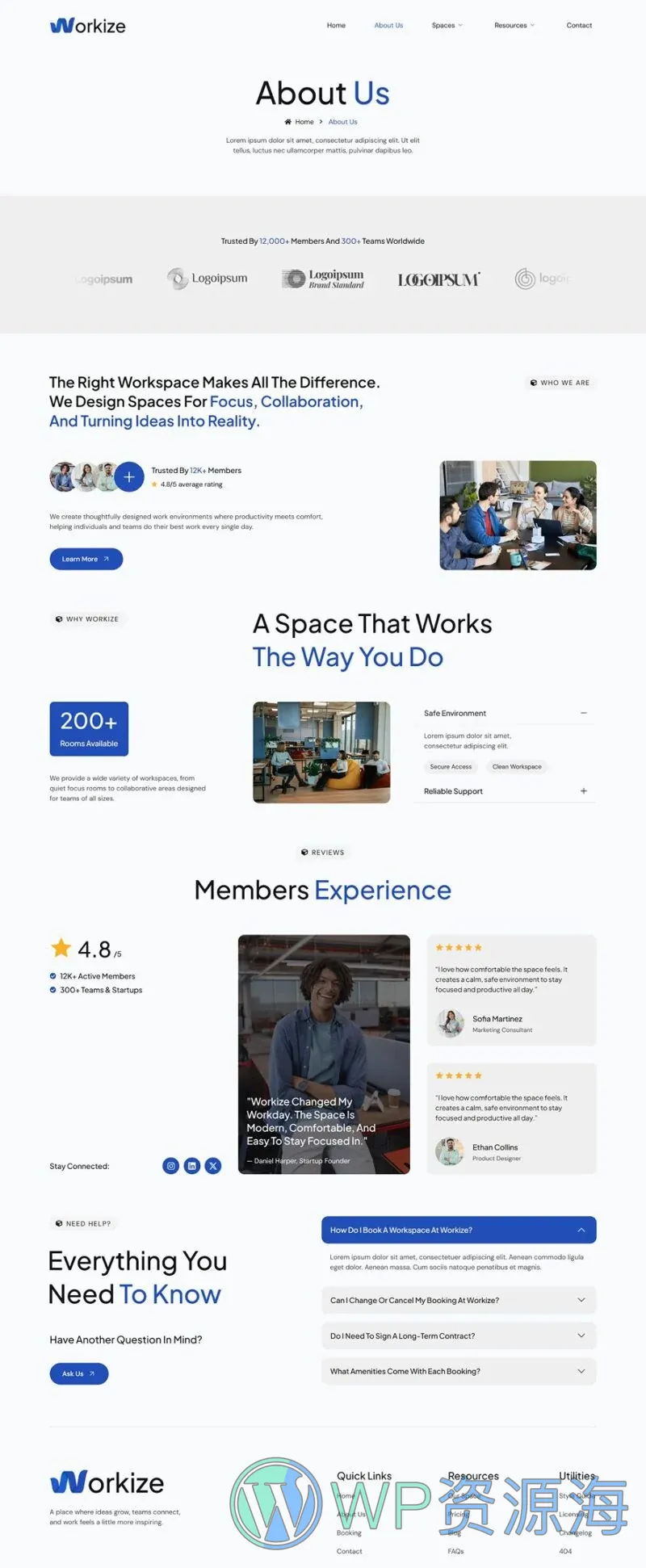 共享办公空间Elementor网站模板_一键导入快速建站插图2-WP资源海 场馆 Elementor 模板关于我们预览