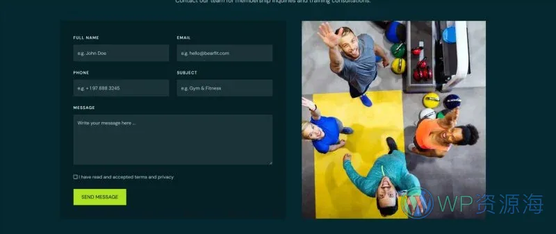 健身Elementor网站模板_一键导入快速建站插图7-WP资源海 运动/健身 Elementor 模板联系表单预览