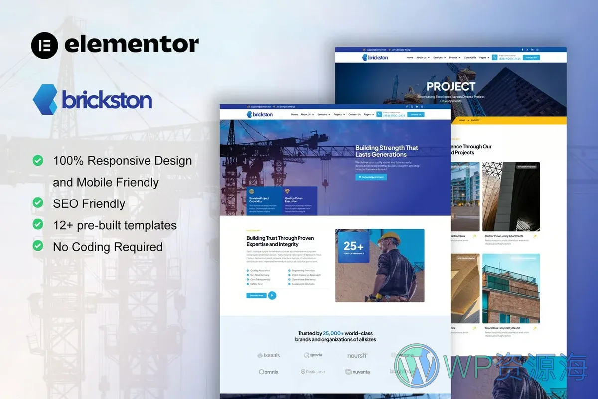 建筑施工服务Elementor网站模板_一键导入快速建站插图-WP资源海 建筑/地产 Elementor 网站模板封面
