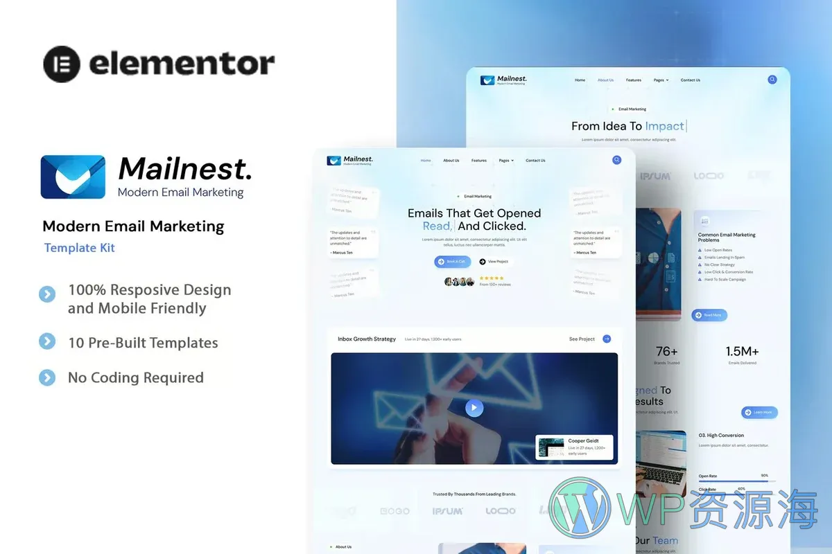 邮件营销服务Elementor网站模板_一键导入快速建站插图-WP资源海 广告/营销 Elementor 网站模板封面