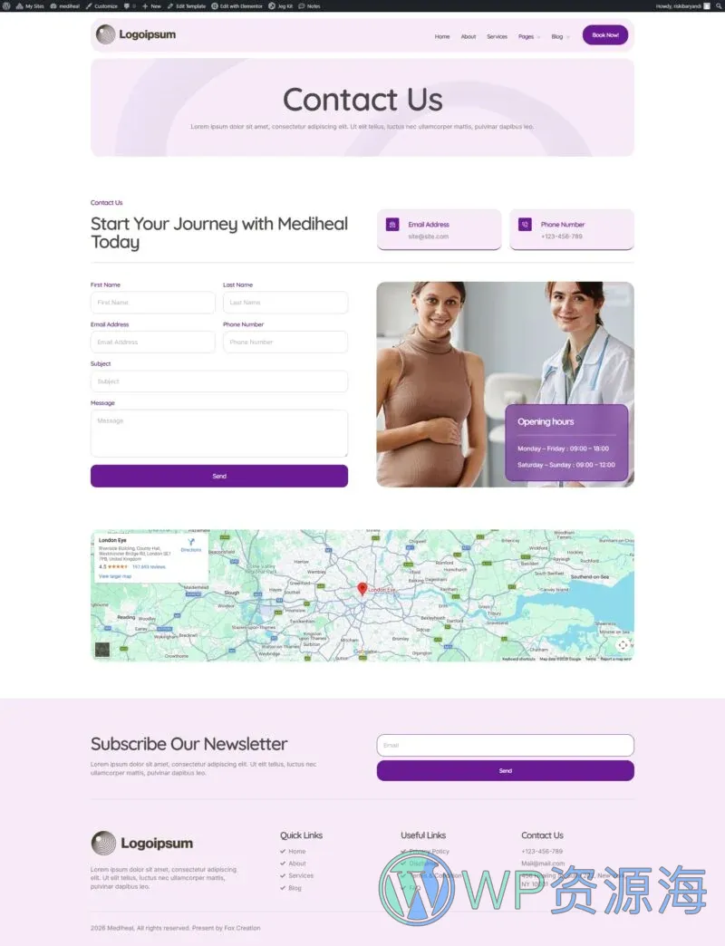 健康/医药 Elementor 模板联系页面预览
